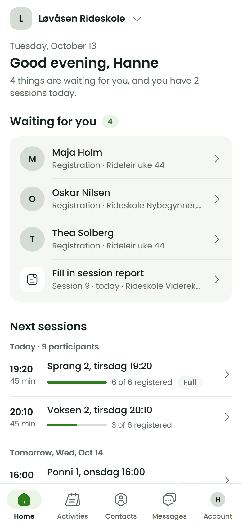The provider app's home: registrations and a session report waiting, and the next sessions with how full they are