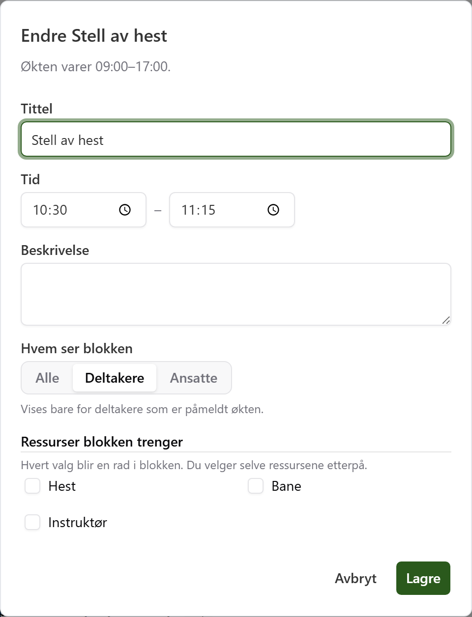 Vinduet for å endre blokken Stell av hest, der Deltakere er valgt under Hvem ser blokken