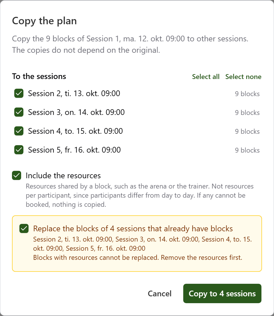 The Copy the plan dialog with sessions 2 to 5 ticked, Include the resources ticked, and the blocks of the four sessions to be replaced