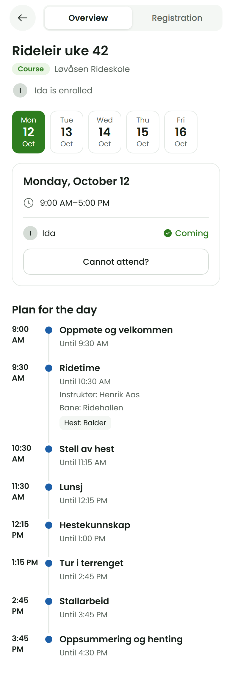 The student app with the riding camp open on Monday: Plan for the day with the riding lesson, the trainer, the arena and the child's horse Balder