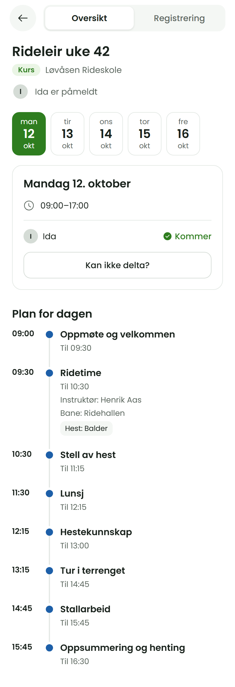 Studentappen med rideleiren åpen på mandag: Plan for dagen med ridetimen, instruktøren, banen og barnets hest Balder
